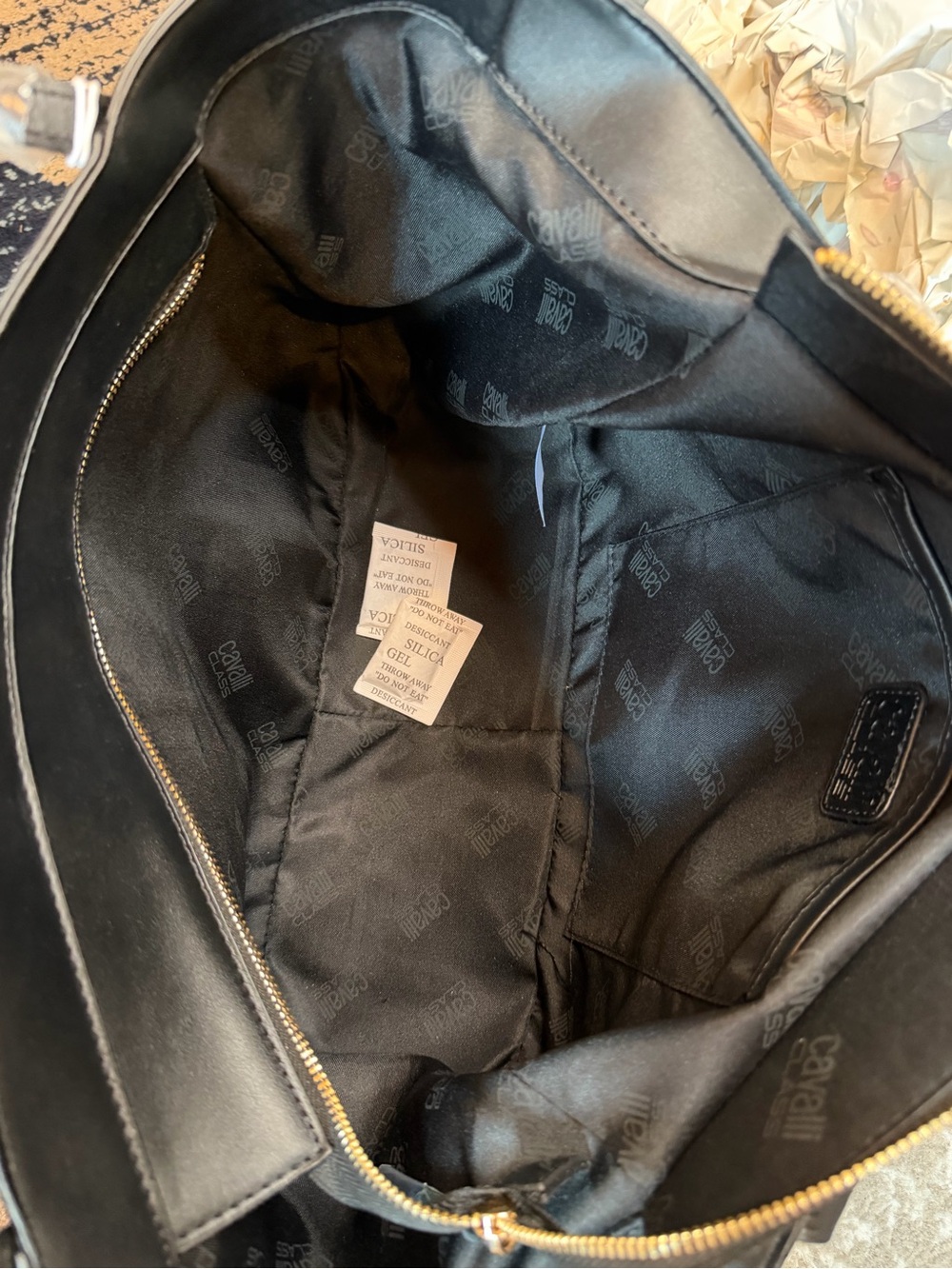 Cavalli Class Sandra Shopper Tote Black Deboss Gold Logo NWT - Picture 5 of 8